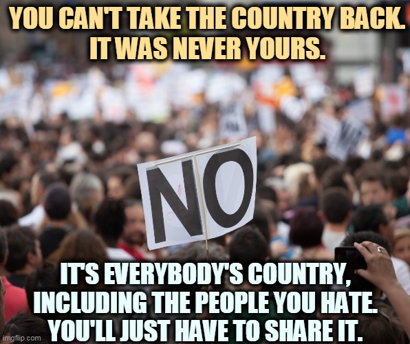 You'll have to figure out how. | YOU CAN'T TAKE THE COUNTRY BACK.
IT WAS NEVER YOURS. IT'S EVERYBODY'S COUNTRY,
INCLUDING THE PEOPLE YOU HATE.
YOU'LL JUST HAVE TO SHARE IT. | image tagged in right wing,conservative,white supremacists,america | made w/ Imgflip meme maker