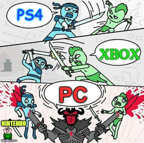 the battle of a lifetime | PS4; XBOX; PC; NINTENDO | image tagged in sword fight | made w/ Imgflip meme maker