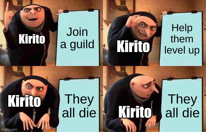 Poor Kirito | Join a guild; Help them level up; Kirito; Kirito; They all die; They all die; Kirito; Kirito | image tagged in memes,gru's plan,sao,anime | made w/ Imgflip meme maker