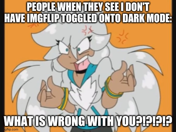 I don't mind it being bright I'm only online during the day |  PEOPLE WHEN THEY SEE I DON'T HAVE IMGFLIP TOGGLED ONTO DARK MODE:; WHAT IS WRONG WITH YOU?!?!?!? | image tagged in what is wrong with you | made w/ Imgflip meme maker