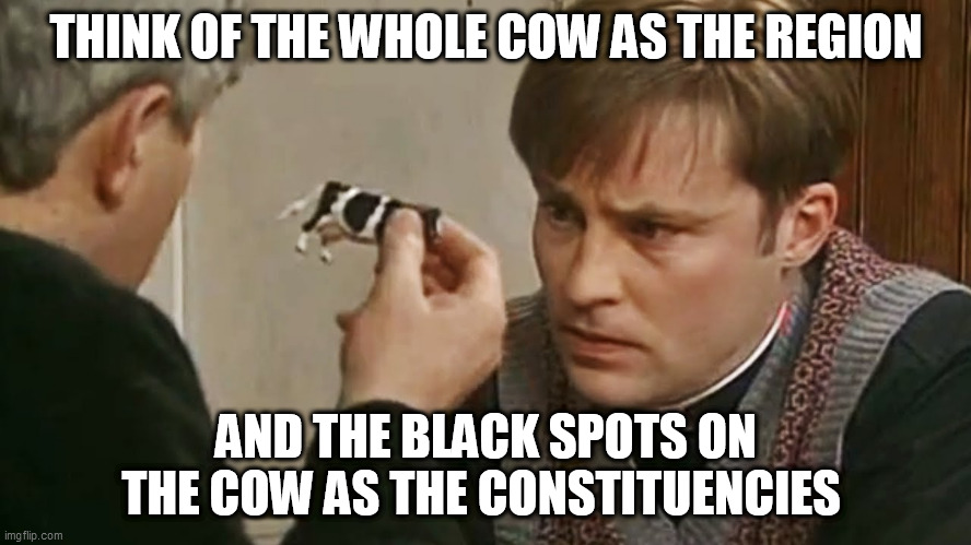 father ted dougle small far away | THINK OF THE WHOLE COW AS THE REGION; AND THE BLACK SPOTS ON THE COW AS THE CONSTITUENCIES | image tagged in father ted dougle small far away | made w/ Imgflip meme maker