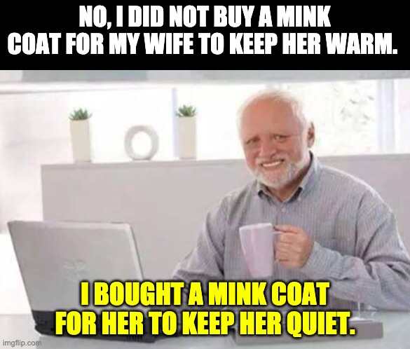 Mink | NO, I DID NOT BUY A MINK COAT FOR MY WIFE TO KEEP HER WARM. I BOUGHT A MINK COAT FOR HER TO KEEP HER QUIET. | image tagged in harold | made w/ Imgflip meme maker