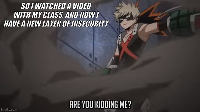 Are you kidding me? | SO I WATCHED A VIDEO WITH MY CLASS, AND NOW I HAVE A NEW LAYER OF INSECURITY | image tagged in are you kidding me | made w/ Imgflip meme maker