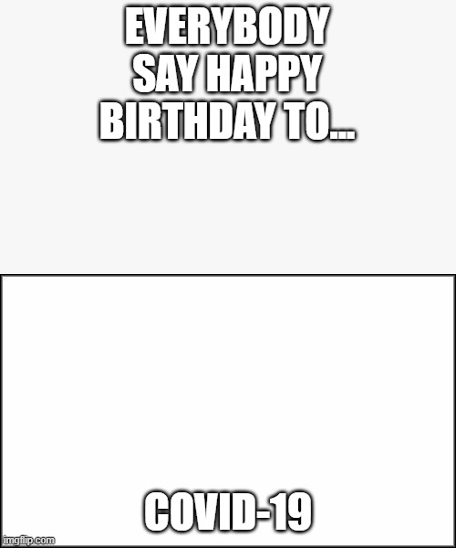 HAPPY BIRTHDAY | EVERYBODY SAY HAPPY BIRTHDAY TO... COVID-19 | image tagged in plain white,pandemic,real life | made w/ Imgflip meme maker