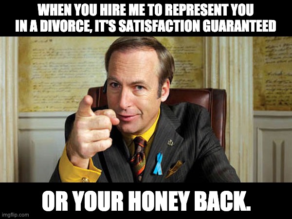 Satisfaction | WHEN YOU HIRE ME TO REPRESENT YOU IN A DIVORCE, IT'S SATISFACTION GUARANTEED; OR YOUR HONEY BACK. | image tagged in lawyer | made w/ Imgflip meme maker