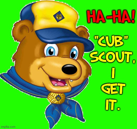 A REAL Cub Scout! | HA-HA! "CUB" 
SCOUT,
I
GET
IT. | image tagged in vince vance,cub scouts,scouting,bears,memes,scouts | made w/ Imgflip meme maker