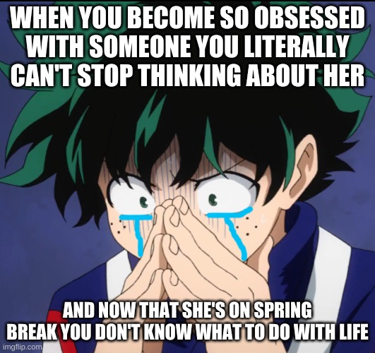 （；¬＿¬) | WHEN YOU BECOME SO OBSESSED WITH SOMEONE YOU LITERALLY CAN'T STOP THINKING ABOUT HER; AND NOW THAT SHE'S ON SPRING BREAK YOU DON'T KNOW WHAT TO DO WITH LIFE | image tagged in suffering deku | made w/ Imgflip meme maker
