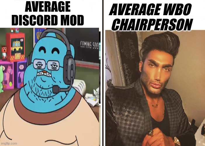 Average Fan vs Average Enjoyer | AVERAGE DISCORD MOD; AVERAGE WBO  CHAIRPERSON | image tagged in average fan vs average enjoyer | made w/ Imgflip meme maker