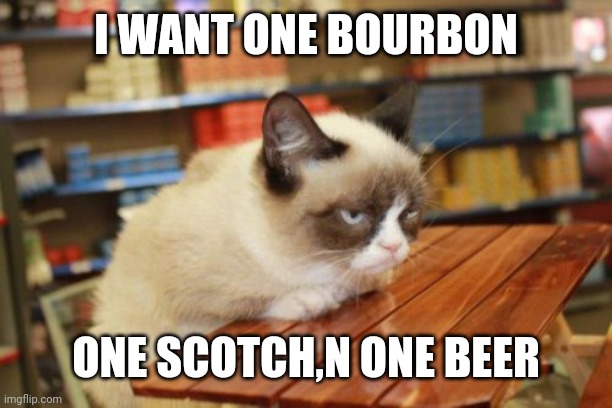 Grumpy Cat Table Meme | I WANT ONE BOURBON; ONE SCOTCH,N ONE BEER | image tagged in memes,grumpy cat table,grumpy cat | made w/ Imgflip meme maker