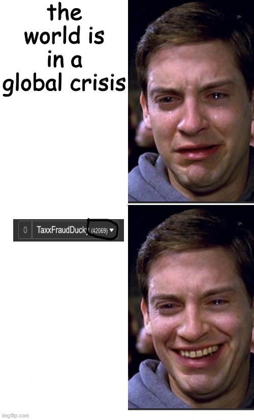its perfect!!! | the world is in a global crisis | image tagged in peter parker crying/happy,2021,crisis,420,69 | made w/ Imgflip meme maker