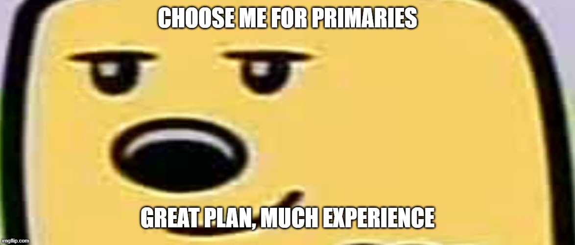 Choose me | CHOOSE ME FOR PRIMARIES; GREAT PLAN, MUCH EXPERIENCE | image tagged in wubbzy smug,election | made w/ Imgflip meme maker
