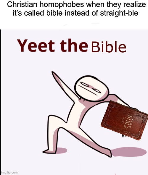 Christian homophobes when they realize it’s called bible instead of straight-ble; Bible | image tagged in yeet the child | made w/ Imgflip meme maker