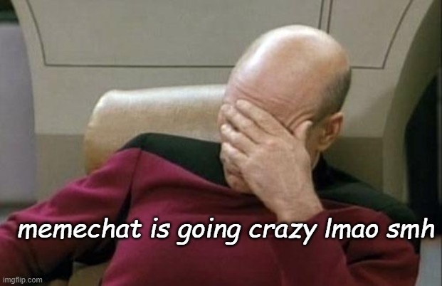 Captain Picard Facepalm Meme | memechat is going crazy lmao smh | image tagged in memes,captain picard facepalm | made w/ Imgflip meme maker