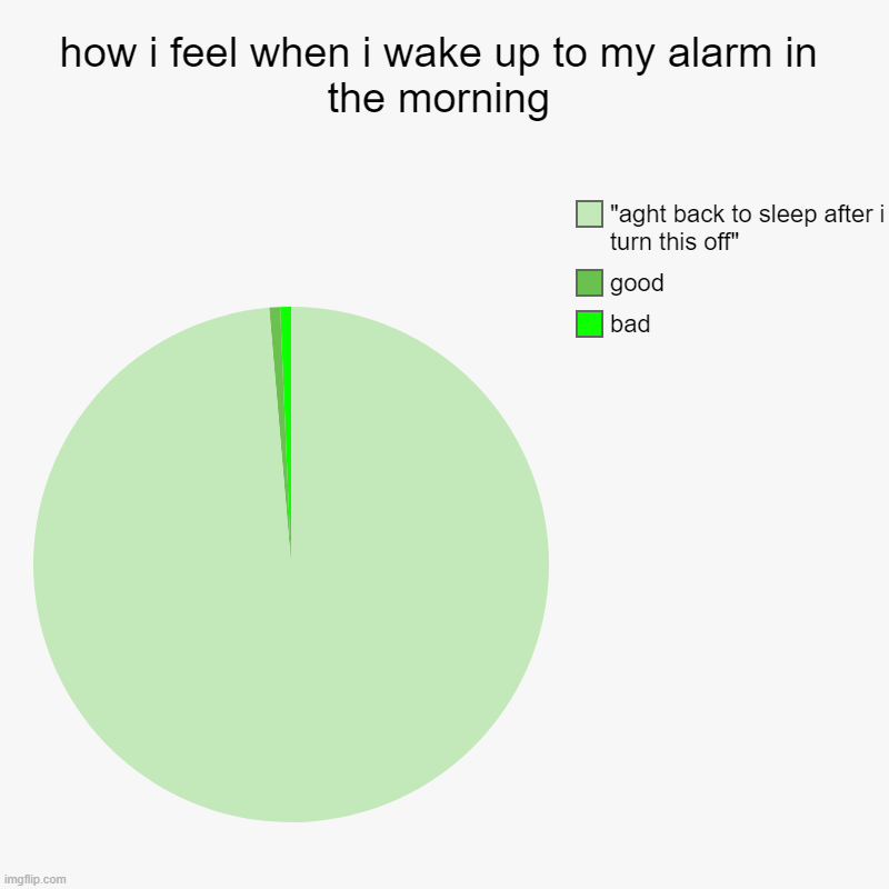 how i feel when i wake up to my alarm in the morning | bad, good, "aght back to sleep after i turn this off" | image tagged in charts,pie charts | made w/ Imgflip chart maker