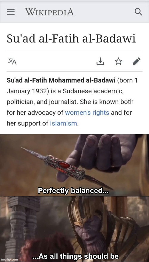 noice she should start a tiwtter account, maga | image tagged in thanos perfectly balanced as all things should be,maga,womens rights,islam,wot,feminism | made w/ Imgflip meme maker