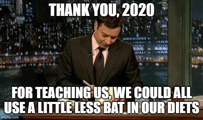 Thank you Notes Jimmy Fallon | THANK YOU, 2020; FOR TEACHING US, WE COULD ALL USE A LITTLE LESS BAT IN OUR DIETS | image tagged in thank you notes jimmy fallon | made w/ Imgflip meme maker