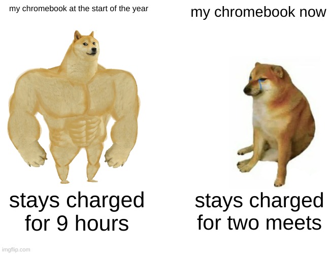 bruhhhhhh | my chromebook at the start of the year; my chromebook now; stays charged for 9 hours; stays charged for two meets | image tagged in memes,buff doge vs cheems | made w/ Imgflip meme maker