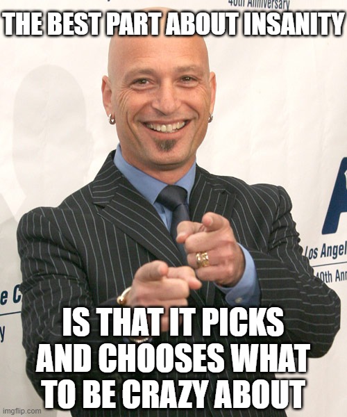 howie mandel | THE BEST PART ABOUT INSANITY; IS THAT IT PICKS AND CHOOSES WHAT TO BE CRAZY ABOUT | image tagged in howie mandel | made w/ Imgflip meme maker