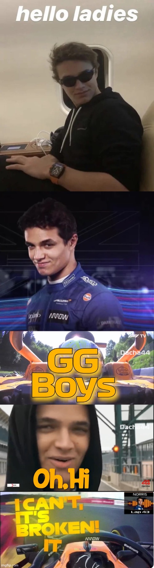 All my Lando Norris templates because yes | image tagged in hello ladies,norris,gg boys,oh hi,it s broken | made w/ Imgflip meme maker