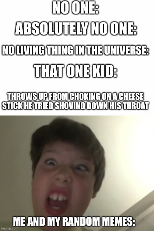 That face. | NO ONE:; ABSOLUTELY NO ONE:; NO LIVING THING IN THE UNIVERSE:; THAT ONE KID:; THROWS UP FROM CHOKING ON A CHEESE STICK HE TRIED SHOVING DOWN HIS THROAT; ME AND MY RANDOM MEMES: | image tagged in random,fun,funny face | made w/ Imgflip meme maker