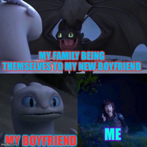 Byeeee! Come back soon! | MY FAMILY BEING THEMSELVES TO MY NEW BOYFRIEND; ME; MY BOYFRIEND | image tagged in toothless presents himself | made w/ Imgflip meme maker