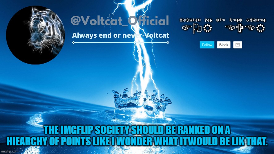 Voltcat new template | THE IMGFLIP SOCIETY SHOULD BE RANKED ON A HIEARCHY OF POINTS LIKE I WONDER WHAT ITWOULD BE LIK THAT. | image tagged in voltcat new template | made w/ Imgflip meme maker