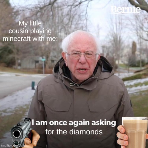 Bernie I Am Once Again Asking For Your Support | My little cousin playing minecraft with me:; for the diamonds | image tagged in memes,bernie i am once again asking for your support | made w/ Imgflip meme maker