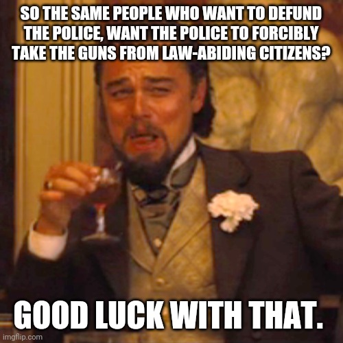 Laughing Leo Meme | SO THE SAME PEOPLE WHO WANT TO DEFUND THE POLICE, WANT THE POLICE TO FORCIBLY TAKE THE GUNS FROM LAW-ABIDING CITIZENS? GOOD LUCK WITH THAT. | image tagged in memes,laughing leo | made w/ Imgflip meme maker