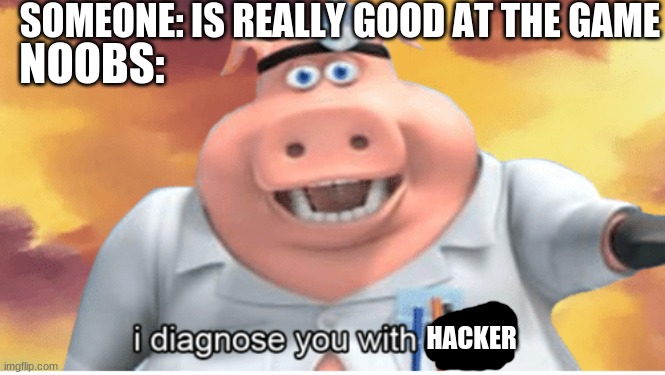everyone has done this atleast once, be honest | SOMEONE: IS REALLY GOOD AT THE GAME; NOOBS:; HACKER | image tagged in i diagnose you with dead,lols,hacker,video games | made w/ Imgflip meme maker