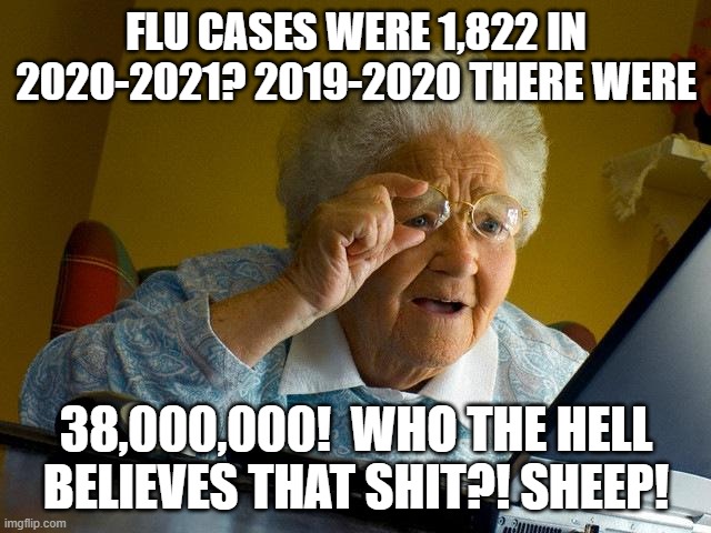 Grandma Finds The Internet | FLU CASES WERE 1,822 IN 2020-2021? 2019-2020 THERE WERE; 38,000,000!  WHO THE HELL BELIEVES THAT SHIT?! SHEEP! | image tagged in memes,grandma finds the internet | made w/ Imgflip meme maker