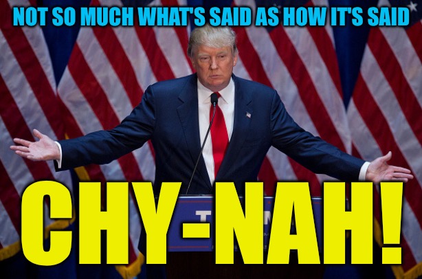 Donald Trump | NOT SO MUCH WHAT'S SAID AS HOW IT'S SAID CHY-NAH! | image tagged in donald trump | made w/ Imgflip meme maker