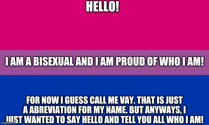 Bisexual flag | HELLO! I AM A BISEXUAL AND I AM PROUD OF WHO I AM! FOR NOW I GUESS CALL ME VAY. THAT IS JUST A ABREVIATION FOR MY NAME. BUT ANYWAYS, I JUST WANTED TO SAY HELLO AND TELL YOU ALL WHO I AM! | image tagged in bi flag | made w/ Imgflip meme maker