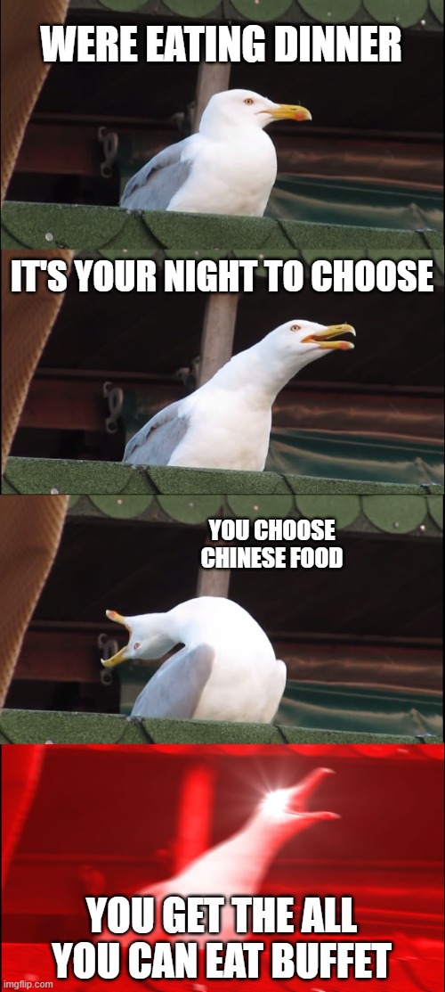 Inhaling Seagull | WERE EATING DINNER; IT'S YOUR NIGHT TO CHOOSE; YOU CHOOSE CHINESE FOOD; YOU GET THE ALL YOU CAN EAT BUFFET | image tagged in memes,inhaling seagull | made w/ Imgflip meme maker
