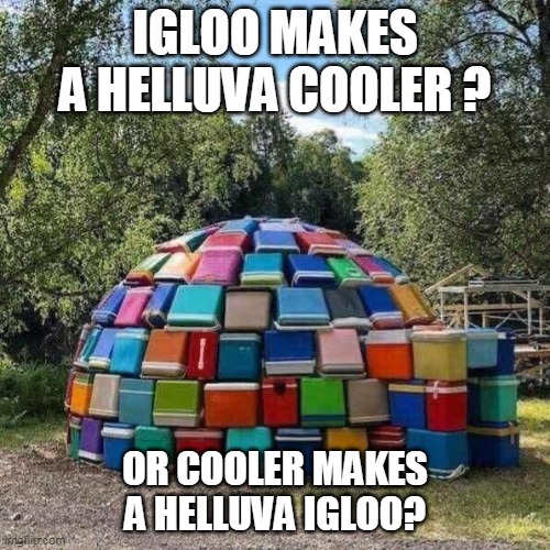 Igloo Cooler | IGLOO MAKES A HELLUVA COOLER ? OR COOLER MAKES A HELLUVA IGLOO? | image tagged in funny memes | made w/ Imgflip meme maker