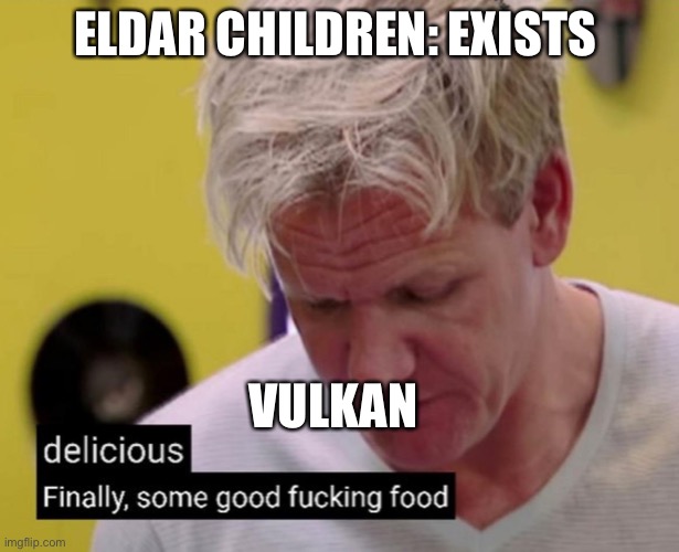 Finally some good fucking food | ELDAR CHILDREN: EXISTS; VULKAN | image tagged in finally some good fucking food | made w/ Imgflip meme maker