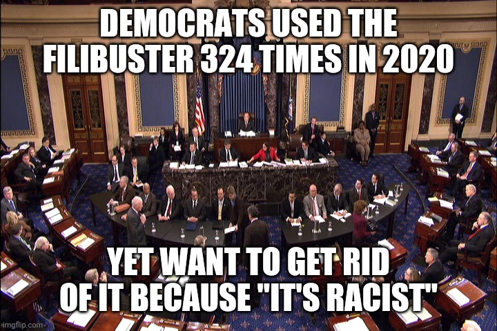 Senate floor | DEMOCRATS USED THE FILIBUSTER 324 TIMES IN 2020; YET WANT TO GET RID OF IT BECAUSE "IT'S RACIST" | image tagged in senate floor | made w/ Imgflip meme maker