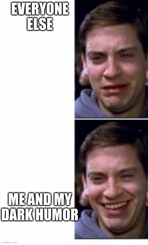 tobey maguire crying and smiling | EVERYONE ELSE ME AND MY DARK HUMOR | image tagged in tobey maguire crying and smiling | made w/ Imgflip meme maker