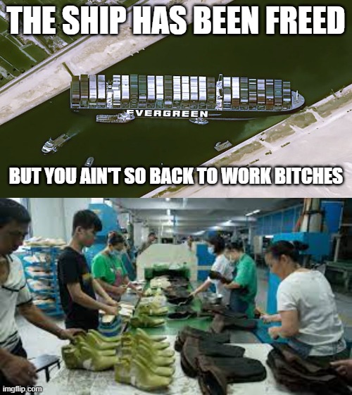 back to work | THE SHIP HAS BEEN FREED; BUT YOU AIN'T SO BACK TO WORK BITCHES | image tagged in evergreen,child labor | made w/ Imgflip meme maker