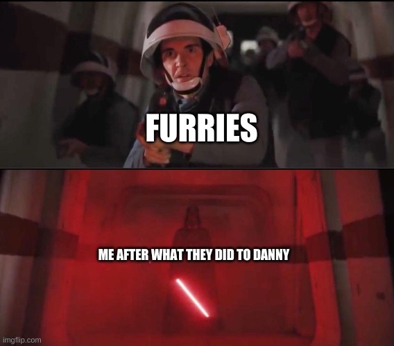 Hallway Vader | FURRIES; ME AFTER WHAT THEY DID TO DANNY | image tagged in hallway vader | made w/ Imgflip meme maker