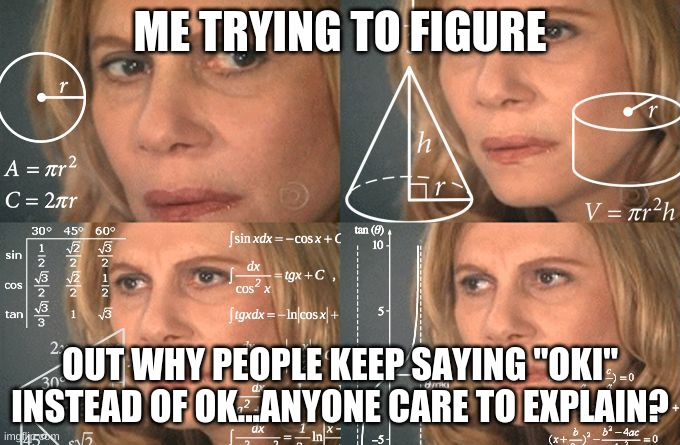 Anyone? | ME TRYING TO FIGURE; OUT WHY PEOPLE KEEP SAYING "OKI" INSTEAD OF OK...ANYONE CARE TO EXPLAIN? | image tagged in calculating meme | made w/ Imgflip meme maker