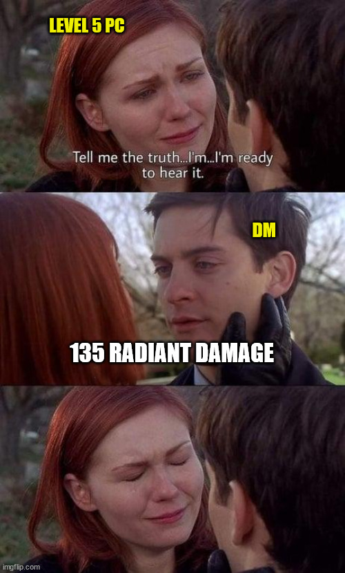 135 Radiant Damage | LEVEL 5 PC; DM; 135 RADIANT DAMAGE | image tagged in tell me the truth i'm ready to hear it,dungeons and dragons,damage,dnd | made w/ Imgflip meme maker