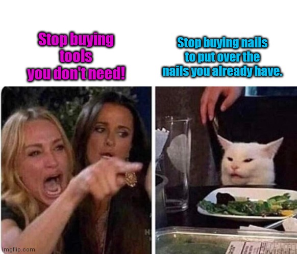 Double standard. | Stop buying nails to put over the nails you already have. Stop buying tools you don't need! | image tagged in lady screams at cat,funny | made w/ Imgflip meme maker