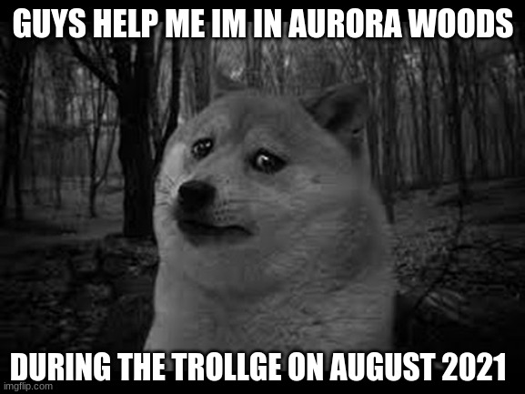 Le Trollge has come | GUYS HELP ME IM IN AURORA WOODS; DURING THE TROLLGE ON AUGUST 2021 | image tagged in very sad doge,doge,troll,troll face,trollge,woods | made w/ Imgflip meme maker