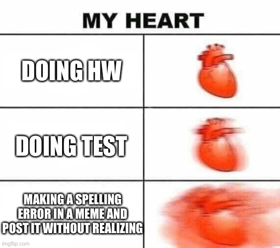 We can all relate | DOING HW; DOING TEST; MAKING A SPELLING ERROR IN A MEME AND POST IT WITHOUT REALIZING | image tagged in my heart blank,memes,gifs,relatable,help | made w/ Imgflip meme maker