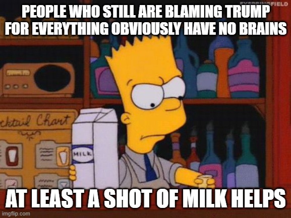 Bart needs a shot | PEOPLE WHO STILL ARE BLAMING TRUMP FOR EVERYTHING OBVIOUSLY HAVE NO BRAINS; AT LEAST A SHOT OF MILK HELPS | image tagged in bart needs a shot | made w/ Imgflip meme maker
