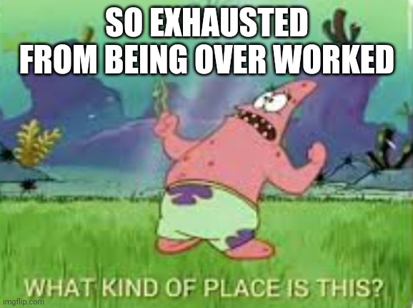 Patrick what kind of place is this? | SO EXHAUSTED FROM BEING OVER WORKED | image tagged in patrick what kind of place is this | made w/ Imgflip meme maker