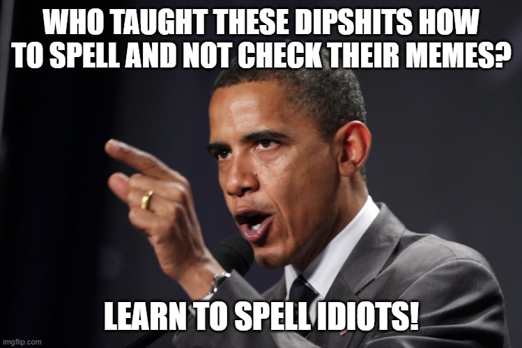 obama angry | WHO TAUGHT THESE DIPSHITS HOW TO SPELL AND NOT CHECK THEIR MEMES? LEARN TO SPELL IDIOTS! | image tagged in obama angry | made w/ Imgflip meme maker