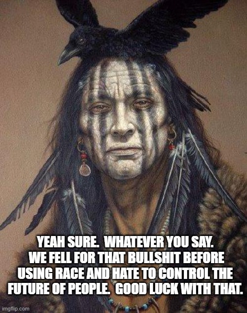 Native American | YEAH SURE.  WHATEVER YOU SAY.  WE FELL FOR THAT BULLSHIT BEFORE USING RACE AND HATE TO CONTROL THE FUTURE OF PEOPLE.  GOOD LUCK WITH THAT. | image tagged in native american | made w/ Imgflip meme maker