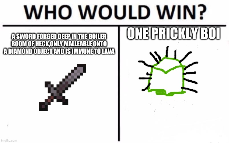 minecraft physics be like | ONE PRICKLY BOI; A SWORD FORGED DEEP IN THE BOILER ROOM OF HECK,ONLY MALLEABLE ONTO A DIAMOND OBJECT AND IS IMMUNE TO LAVA | image tagged in memes,who would win | made w/ Imgflip meme maker