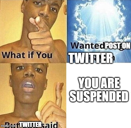 WHYYYY WHY TWITTER WHY | TWITTER; POST ON; YOU ARE SUSPENDED; TWITTER | image tagged in but god said meme blank template | made w/ Imgflip meme maker